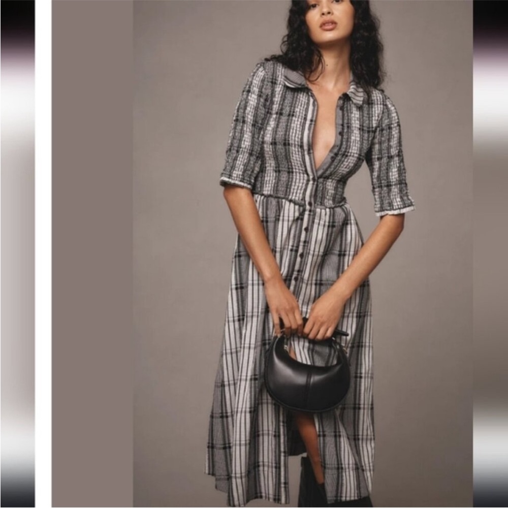 Anthropologie Maeve Smocked Midi Shirt Dress Plaid XSP
